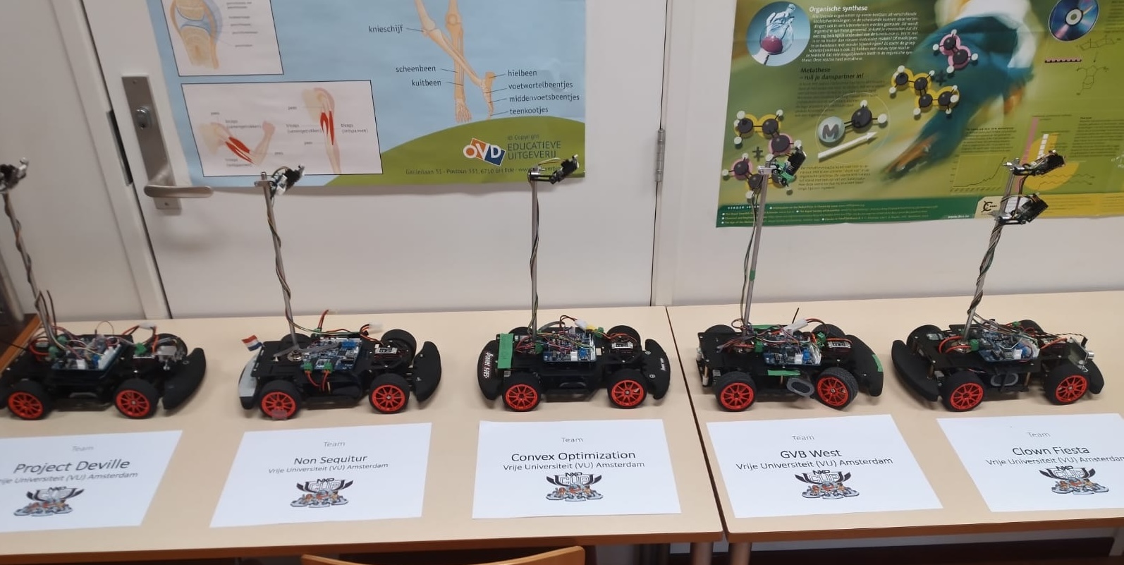 The cars at the inspection table in Amsterdam, for the 2022 NXP cup